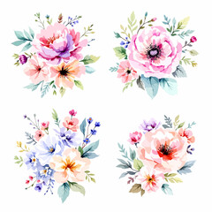 Watercolor Colorful flowers and buds and green leaves Illustrations 