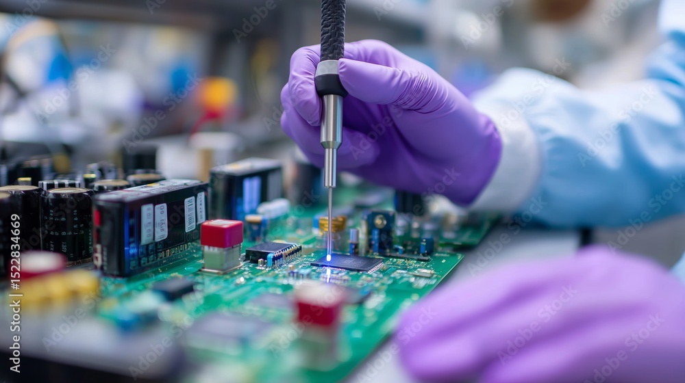 Poster technician works on electronic circuit board with precision tool in modern laboratory environment