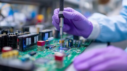 Technician works on electronic circuit board with precision tool in modern laboratory environment