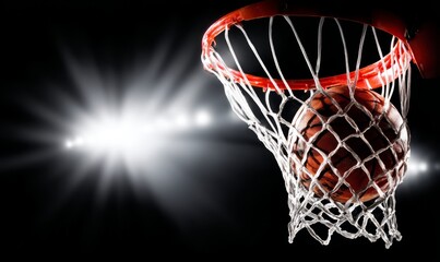 Basketball Swish!  A Stunning Close-Up of a Basketball Passing Through the Net During a Thrilling Game Under Bright Stadium Lights.