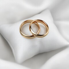 Gold wedding rings on white satin pillow elegant marriage symbol of love and commitment forever rings