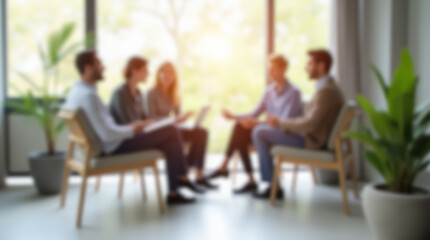 Blurred image of a group of people interacting in a bright office with large windows
