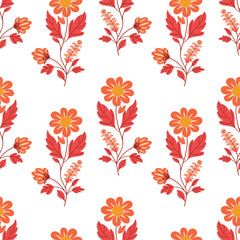 Seamless vector pattern with bright abstract flowers in folk art style on a white background. Perfect for textiles, wallpapers, wrapping paper, and vibrant surface design projects.