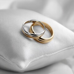 Wedding rings gold silver on white satin pillow marriage engagement jewelry love forever commitment ceremony