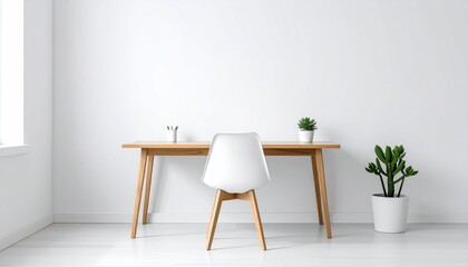 Bright, minimal desk scene. White walls, floor, chair, and pot. Wooden desk & chair legs. Plants add freshness