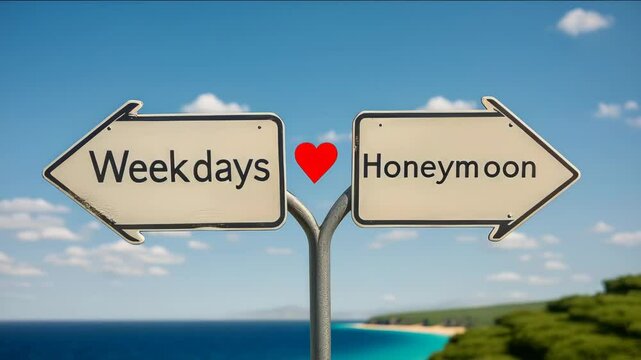 A sign with two arrows pointing to Weddays and Honeymoon. The sign is white and has a heart on it