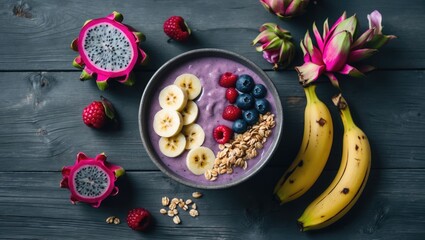 Fototapeta premium Superfood Tropical Smoothie Bowl with Dragon Fruits, Banana, Granola on a Wooden Table. Minimal Food Photography Concept. Flatlay, Copyspace. With Empty Copy Space for Text