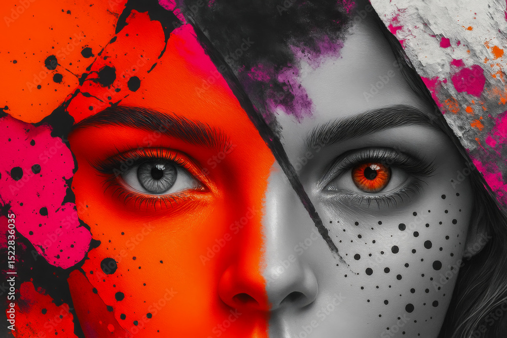 Poster artistic portrait of a girl with vibrant colors and striking contrasts showcasing duality in express