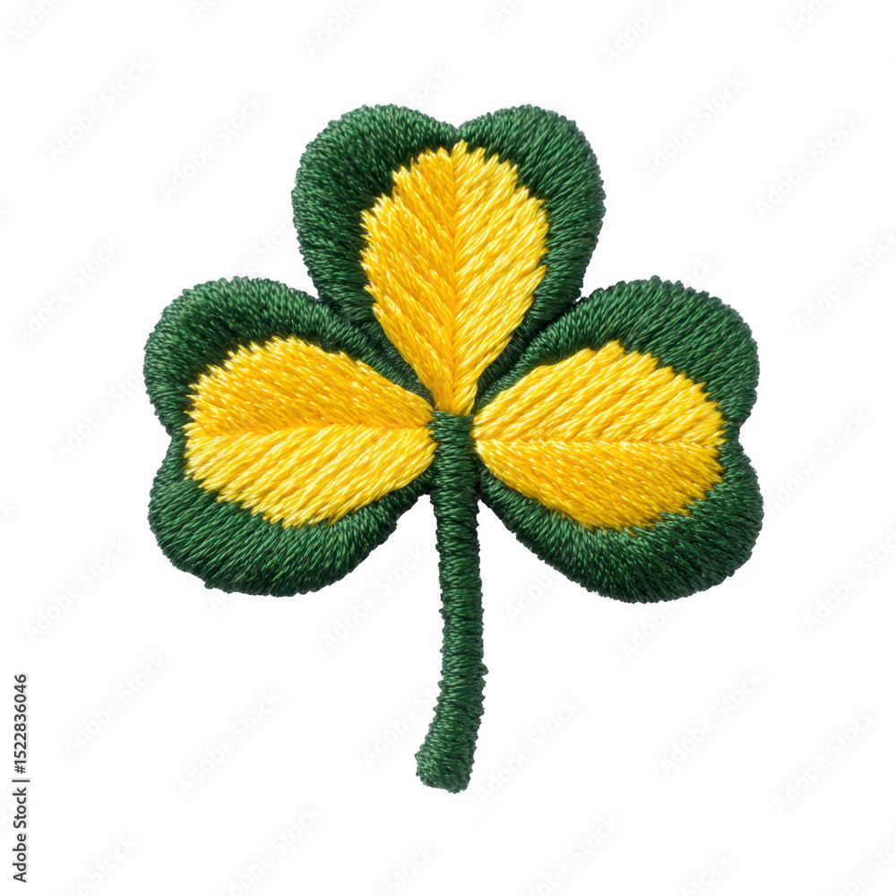 Poster vibrant embroidered patch of three leaf clover with green and yellow threads, symbolizing luck and n