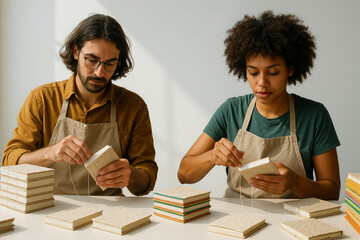 Bookbinders binding handmade notebooks in workshop