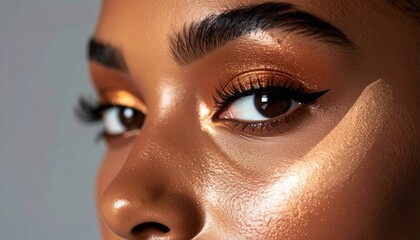 Woman's eyes with golden eyeshadow, thick brows, liner, and lush lashes. Skin glows with light