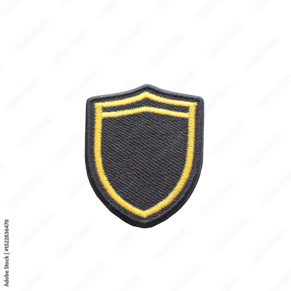 Poster black and yellow embroidered shield patch with simple design, featuring transparency background and 