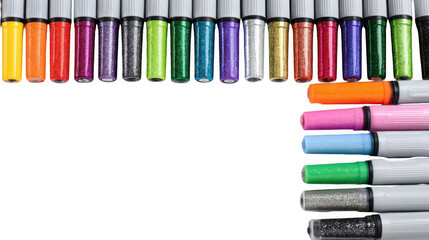Obraz premium Colorful glitter pens are neatly arranged on a transparent background, forming a vibrant and creative border, ideal for design projects requiring a touch of sparkle and color