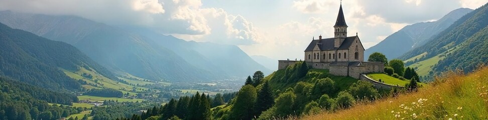 Majestic church stands strong, a citadel of faith, overlooking a peaceful landscape Its ancient stone walls whisper tales of resilience and enduring belief , windows, tower