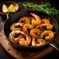  Gebratene Garnelen mit Knoblauch und Kräutern in einer Pfanne – rustikal serviert von oben fotografiert