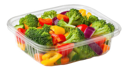 Fresh cut vegetables including broccoli, bell peppers, red onion, cucumber, and carrots fill a clear plastic container, creating a vibrant and healthy meal option on a transparent background