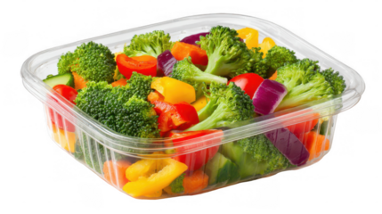 Fresh cut vegetables including broccoli, bell peppers, red onion, cucumber, and carrots fill a clear plastic container, creating a vibrant and healthy meal option on a transparent background