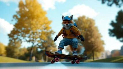 Anthropomorphic fox skateboarding in a park, wearing a cap, backpack, and colorful attire - Powered by Adobe