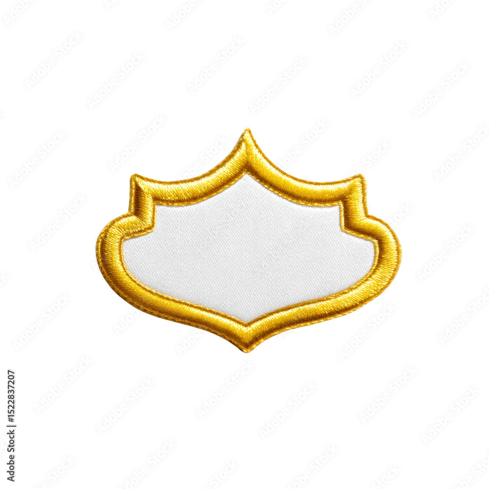 Poster white fabric patch with gold embroidered border in shield shape, isolated on transparency background