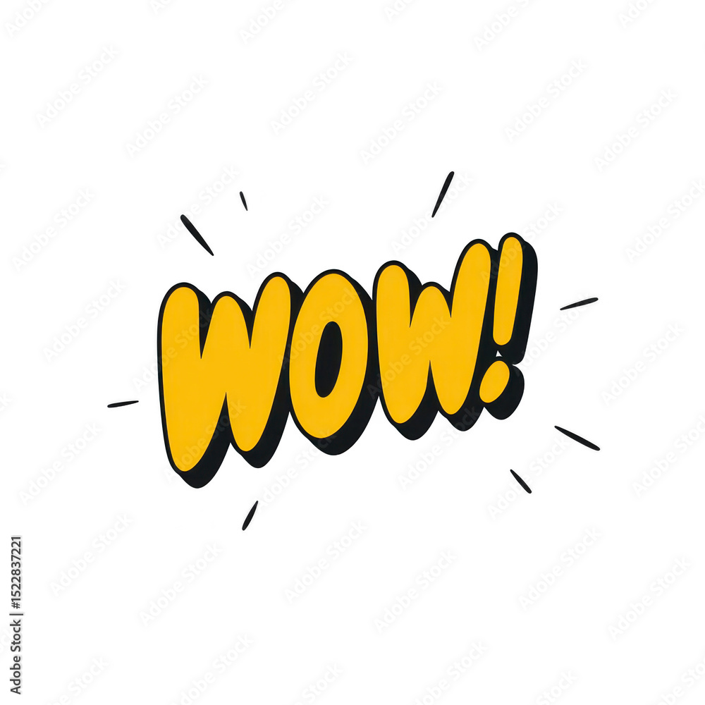 Aufkleber bold, yellow wow text with black outline and exclamation mark, surrounded by small lines for emphasi