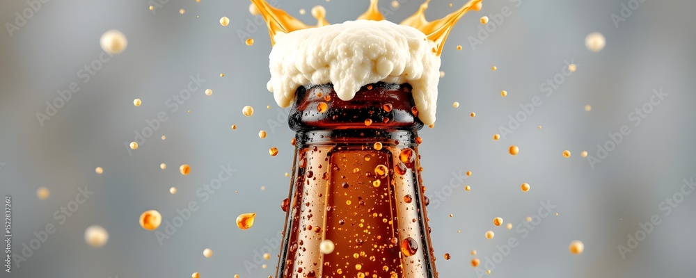 Poster frothy elixir unleashed: a refreshing, chilled beer bottle explodes with effervescent foam, capturin
