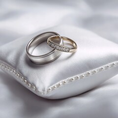 Wedding rings silver and gold on white satin pillow for wedding ceremony close up macro details