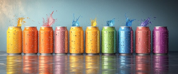 Colorful soda cans with splashes