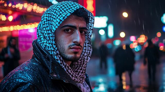 Young man in keffiyeh hood at night, rain falling