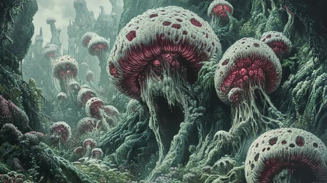 A group of mushrooms in the middle of a forest