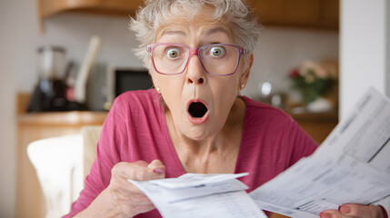 Surprised Elderly Woman with Glasses Holding Documents in Kitchen