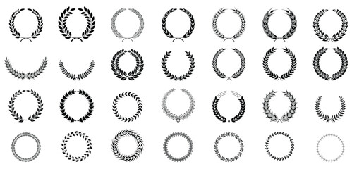 Set of black silhouette circular Laurel Wreath icons	