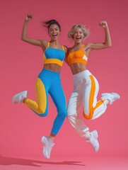 Two energetic women in bright activewear jumping in mid-air against solid pink background smiling. Concept of sport, competition, fitness, joy, color, and movement.