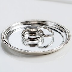 Wedding rings silver bands on tray elegant jewelry marriage engagement proposal accessories photography