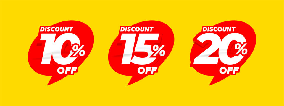 Set of discount label vector illustration, sale banner for promotional 10% off, 15% off, 20% off special offer tag sticker design element