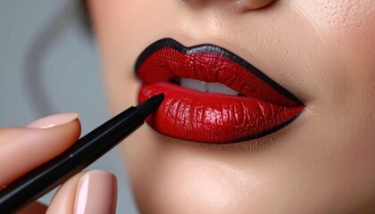 Bold red lips outlined in black; makeup artist applying liner