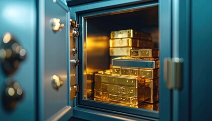 Open safe filled with stacked gold bars; wealth and security inside
