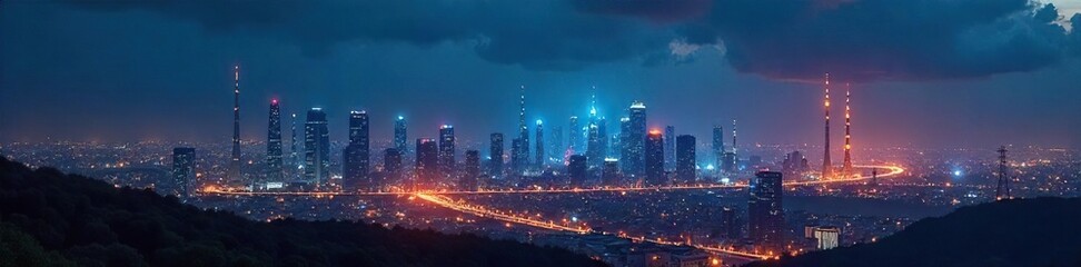 Fototapeta premium Futuristic cityscape at night, glowing energy towers reaching for the sky, representing sustainable and advanced power sources of tomorrow , science, clean