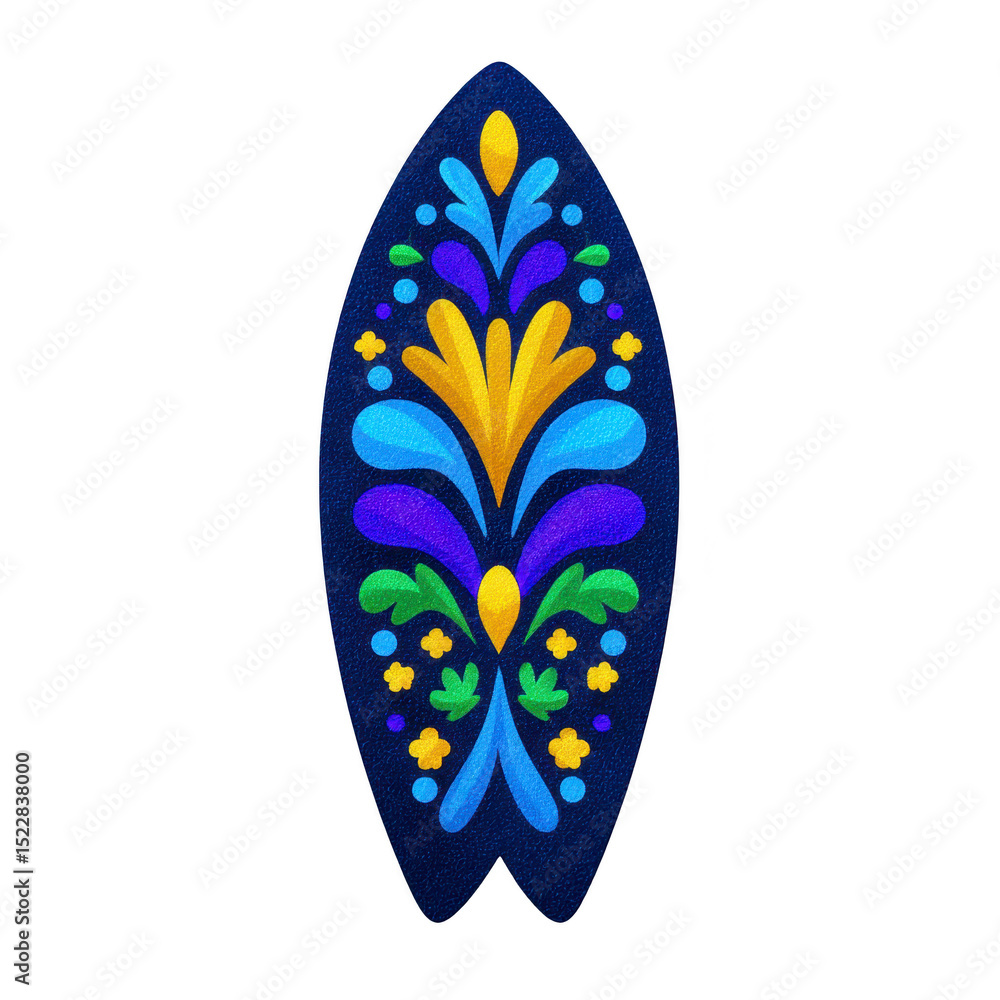 Poster vibrant surfboard design features symmetrical floral pattern with blue, yellow, and green elements o