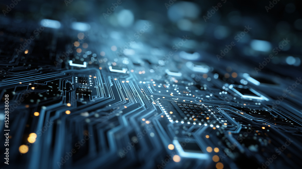 Aufkleber this image presents a detailed, dark blue background resembling a complex circuit board or microchip