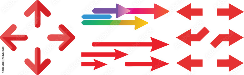 Poster collection of red and multicolored arrows pointing in various directions. set of arrows. set of red 