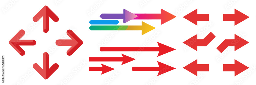 Poster collection of red and multicolored arrows pointing in various directions. set of arrows. set of red 