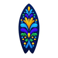 Vibrant surfboard design features symmetrical floral pattern with blue, yellow, and green elements on transparency background, creating lively and artistic appearance