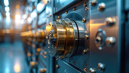 Close-up of a heavy metallic vault door featuring brass, steel, and bolts in a shallow depth of field