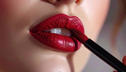 Crimson lips being touched up by applicator, teeth slightly visible