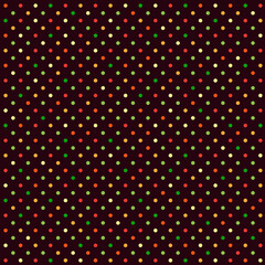 Bright cheerful festive design Simple geometric seamless pattern Small multi-colored polka dots, circles, confetti, round shapes on a dark chocolate brown background