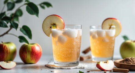 Fototapeta premium Glass Of Apple Spritzer, Homemade Apple Spritzer With White Background. Typical Drink.