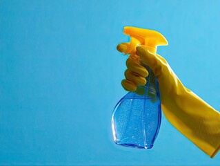 Hand in yellow rubber glove holding spray bottle containing liquid detergent on blue background
