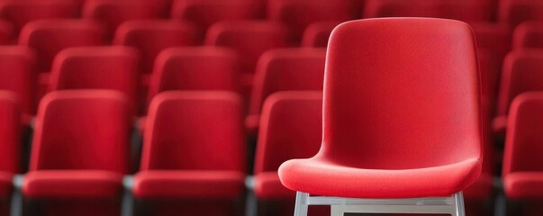 Obraz premium A single red chair stands out in focus among many similar red chairs in an empty auditorium or theater.