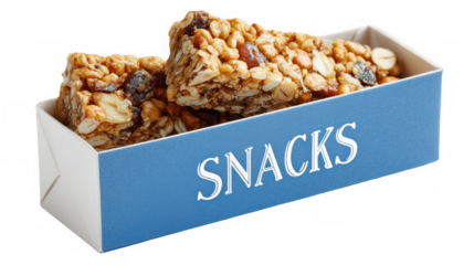 Crunchy granola bars overflowing with nuts, seeds, and dried fruits, nestled in a vibrant blue box labeled snacks, create an enticing image for health food promotions