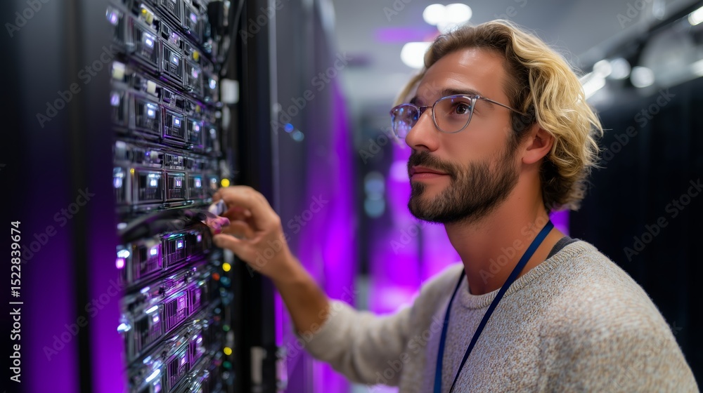 Poster technician adjusting server settings in a modern data center during the late afternoon